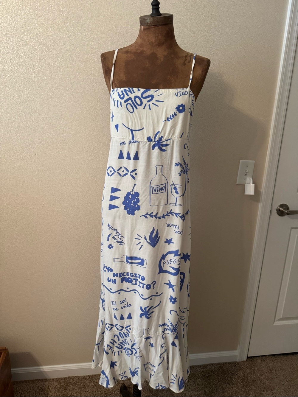 Blue & White Printed Maxi Dress with Spaghetti Straps